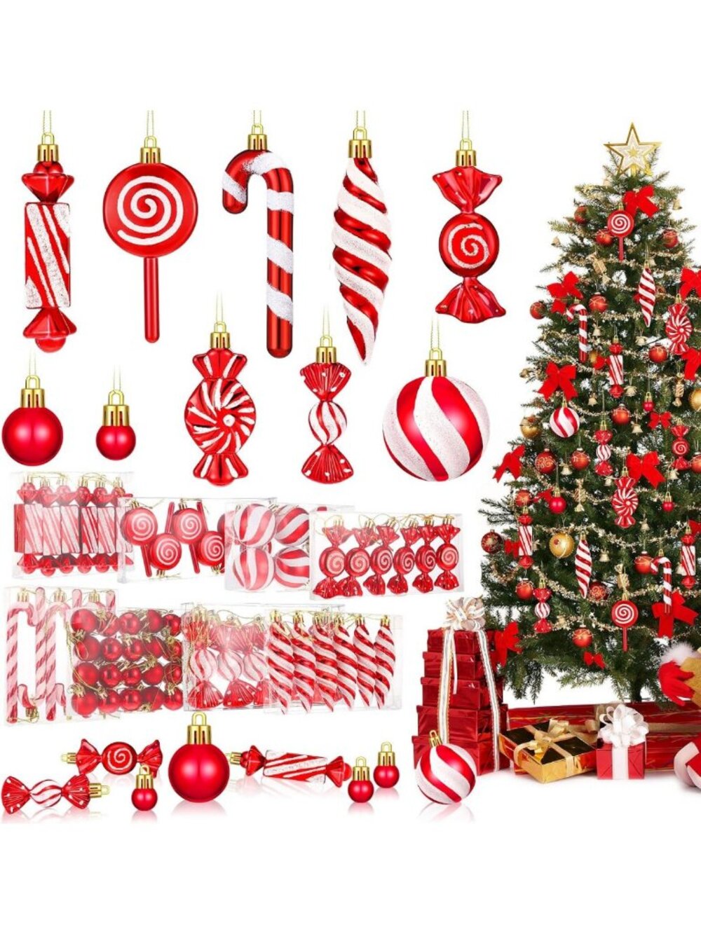 96 Pcs Red & White Candy Ball Christmas Tree Ornaments - Festive Holiday Decor